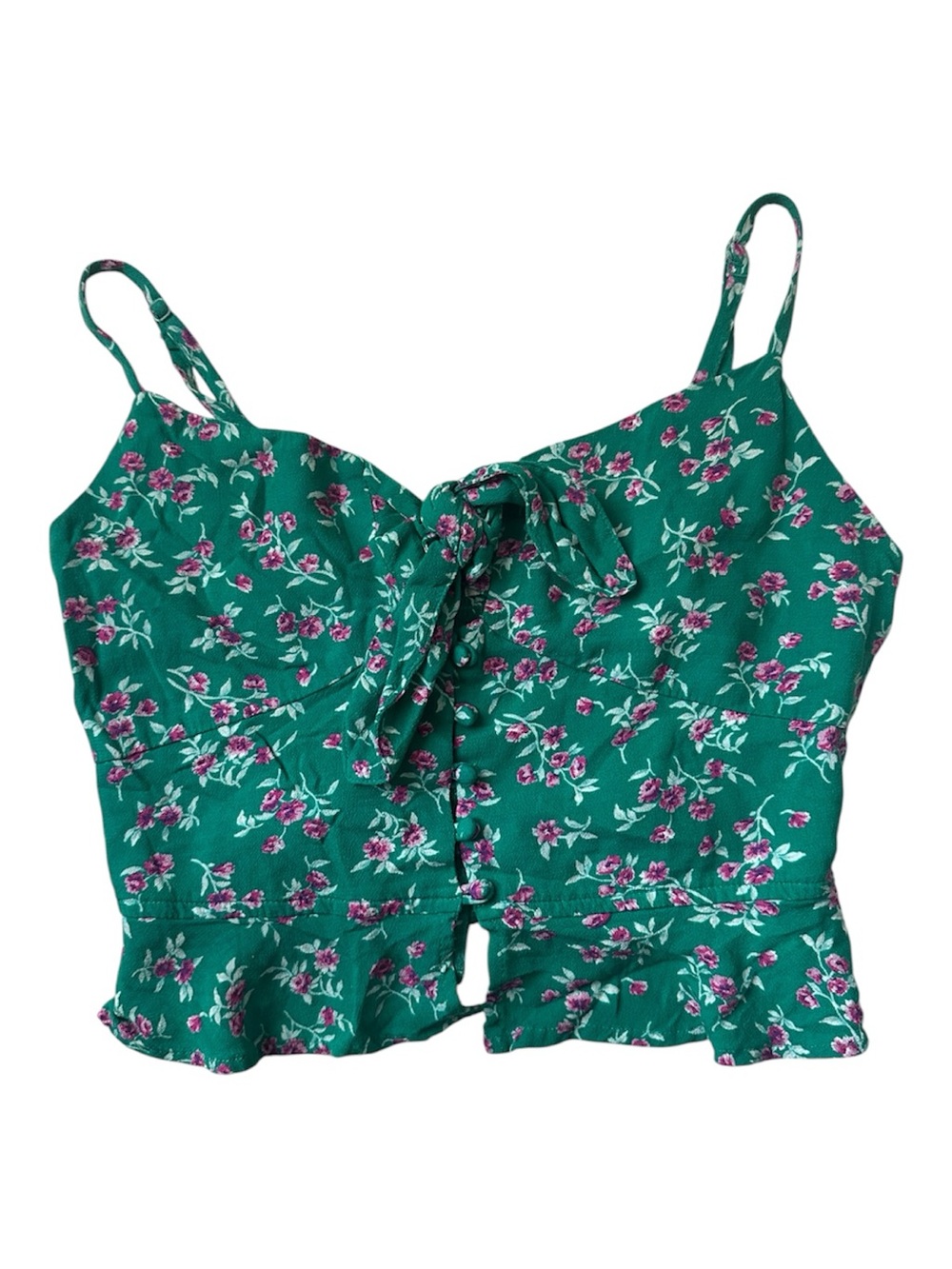 American Eagle Green Floral Tie-Front Crop Top – Size S
